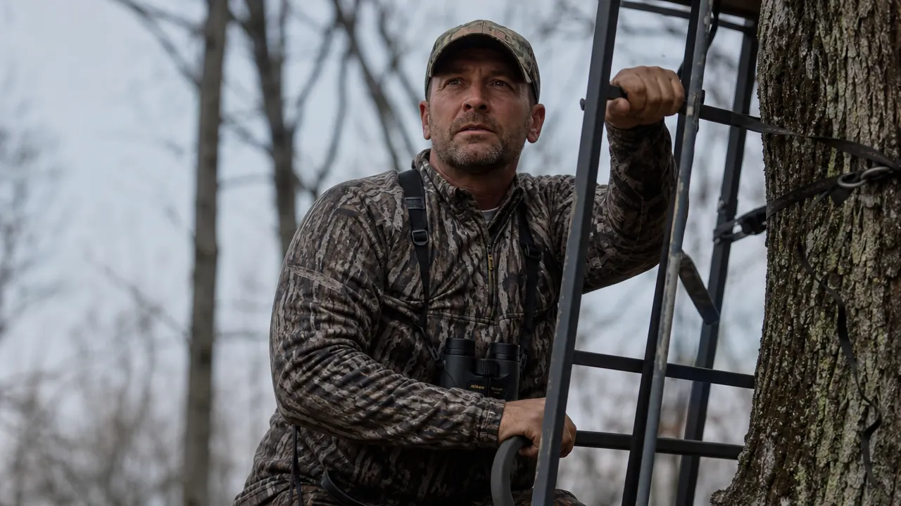 Hunter climbing into a treestand with binoculars slung across his chest