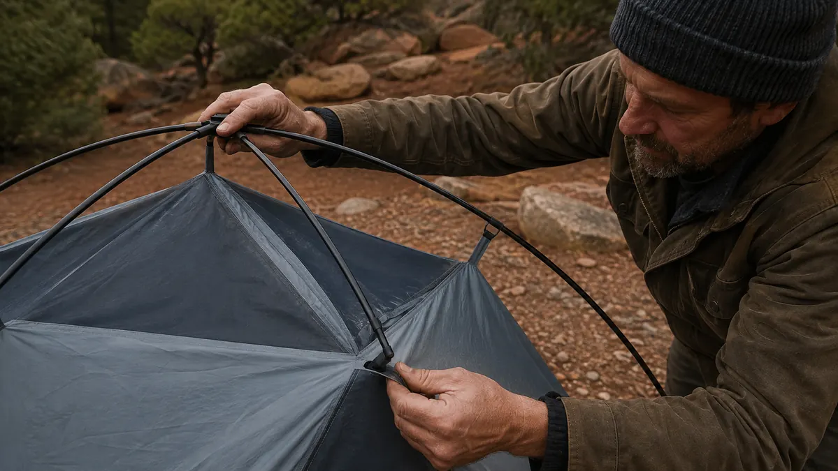 Hands crossing the two long fiberglass poles of a dome tent and clicking them into a corner ferrule