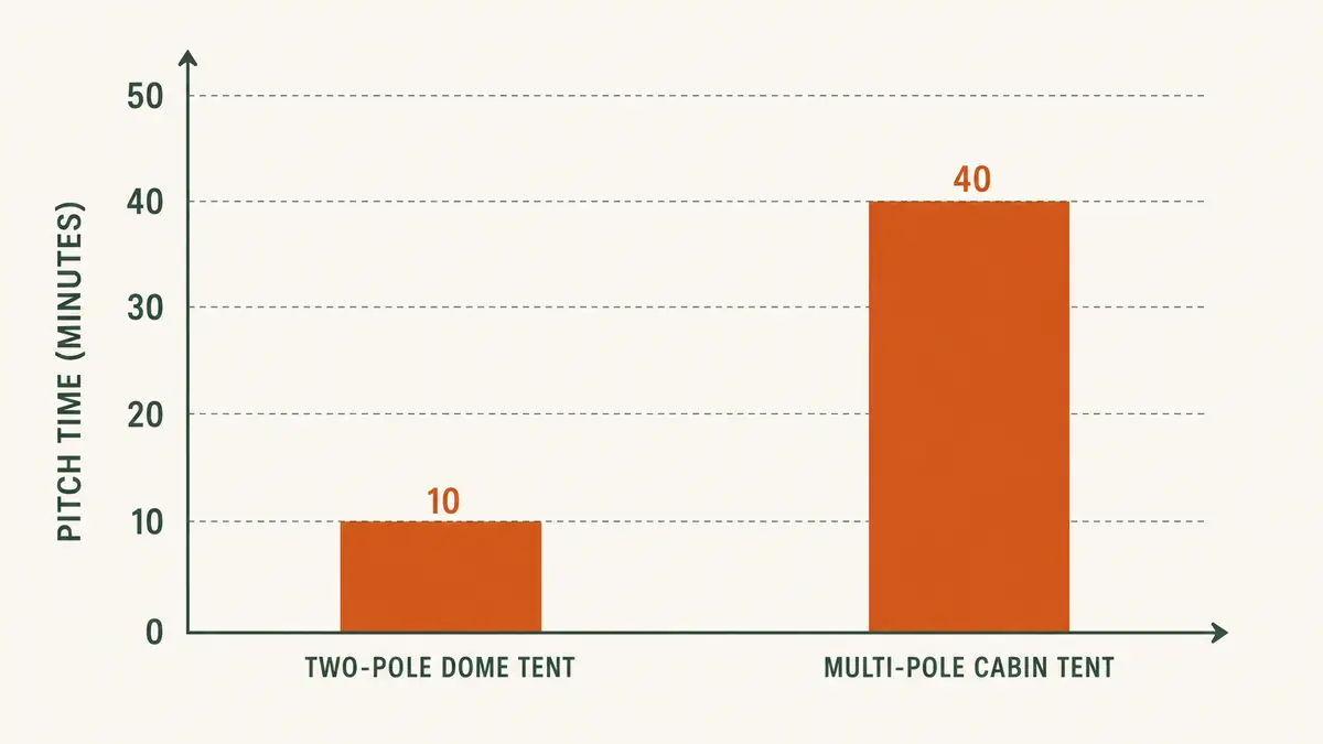 Chart comparing pitch time in minutes for a two-pole dome tent versus a multi-pole cabin tent