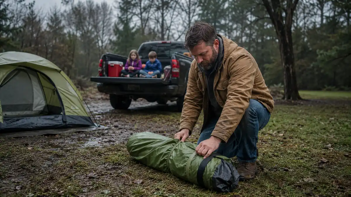 A father folding a damp dome tent into its stuff sack on a gray, rainy Sunday morning while kids wait by the packed truck