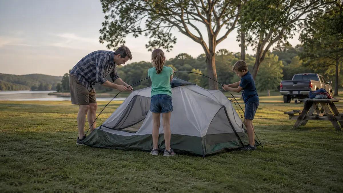 A family pitching a green dome tent at a campground site in soft morning light with kids running nearby