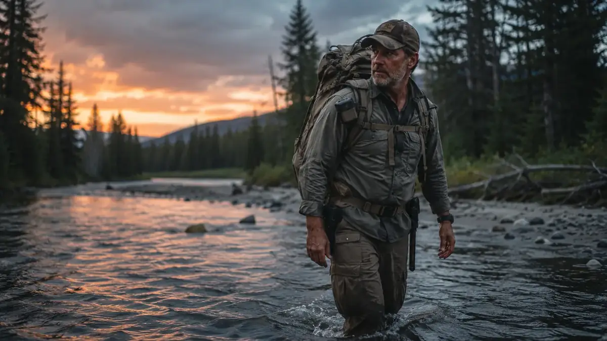 An outdoorsman crossing a creek at dusk with a knife sheathed on his belt and a pack on his back