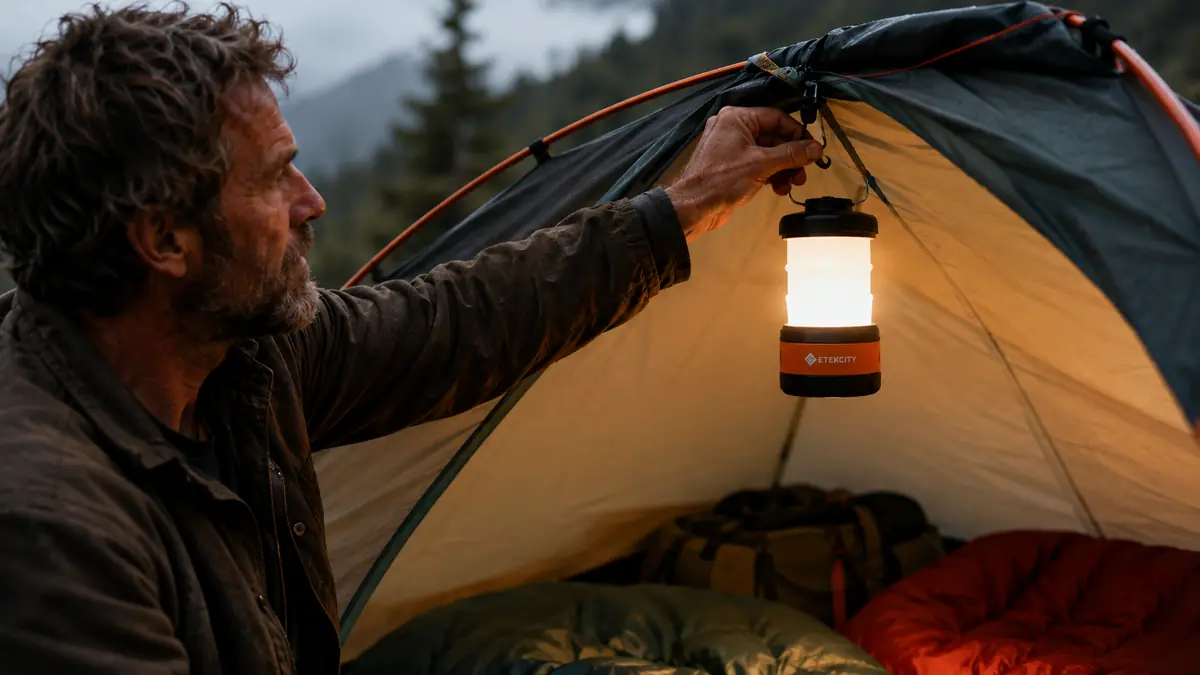 Hand hanging an Etekcity LED lantern from a tent ridge line so light spreads evenly over the whole tent interior