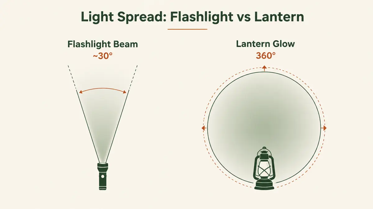 Chart comparing the light spread of a flashlight beam at roughly 30 degrees against a lantern's full 360-degree glow