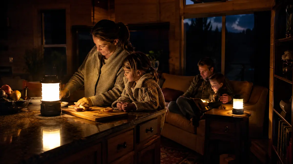 Two collapsible LED lanterns lighting a kitchen counter and living room during a power outage at home