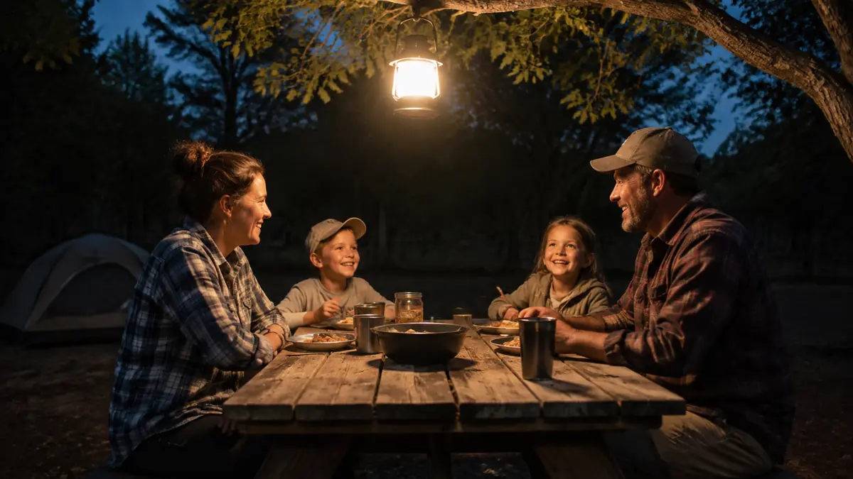Family gathered around a picnic table at dusk lit evenly by a collapsible LED camping lantern hanging overhead