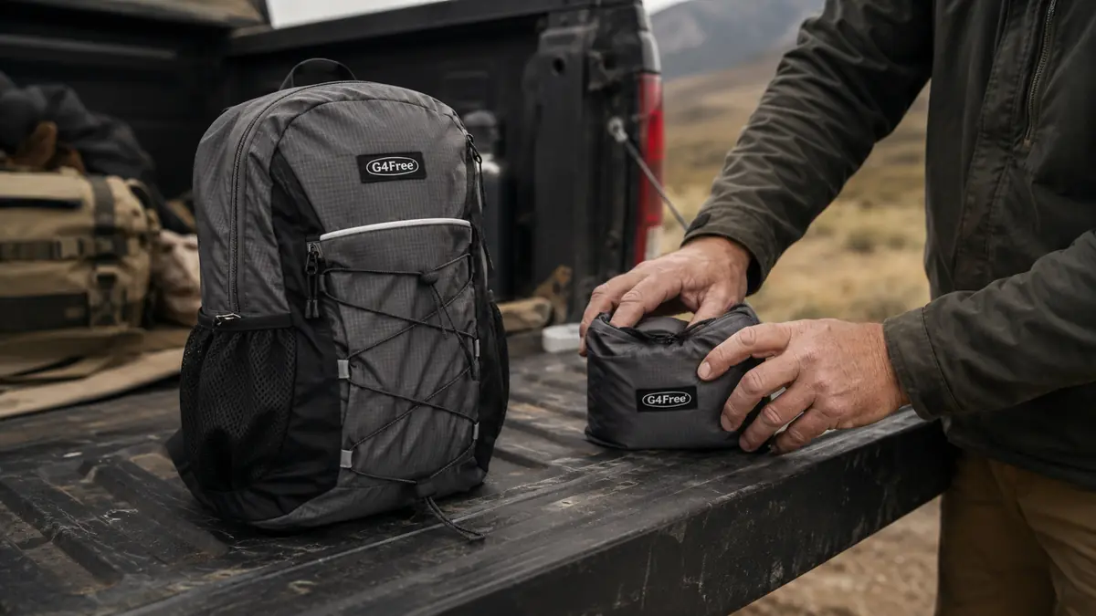 Hands stuffing the G4Free packable daypack into its own front pocket to fold it flat