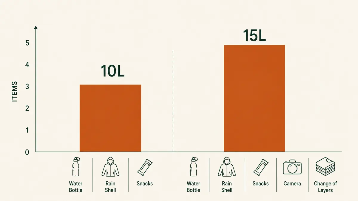 Chart comparing what fits in the 10L versus 15L G4Free packable daypack for a typical day out
