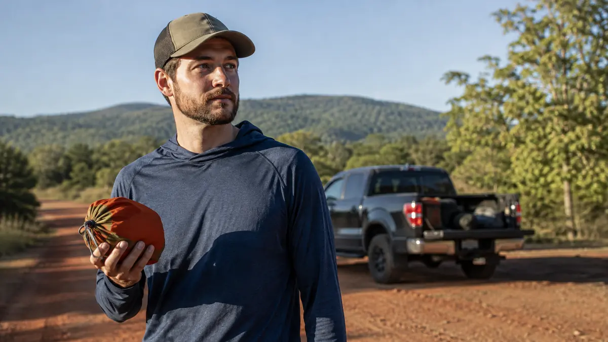 Hiker folding a packable daypack down to a small bundle beside a red-dirt trailhead