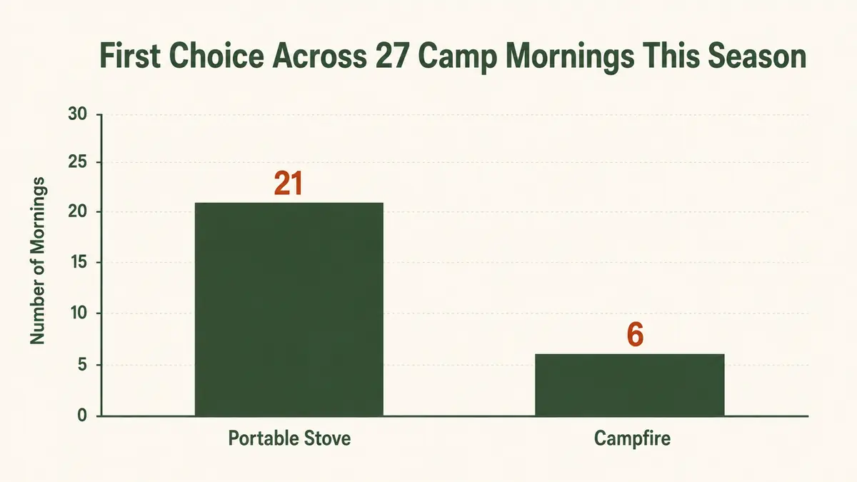 Bar chart comparing how often a portable stove versus a campfire was used first across 27 camp mornings in a season