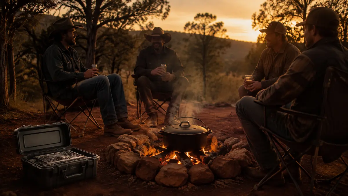 A dutch oven simmering over a slow campfire at dusk beside a folded-up portable stove packed away for the night