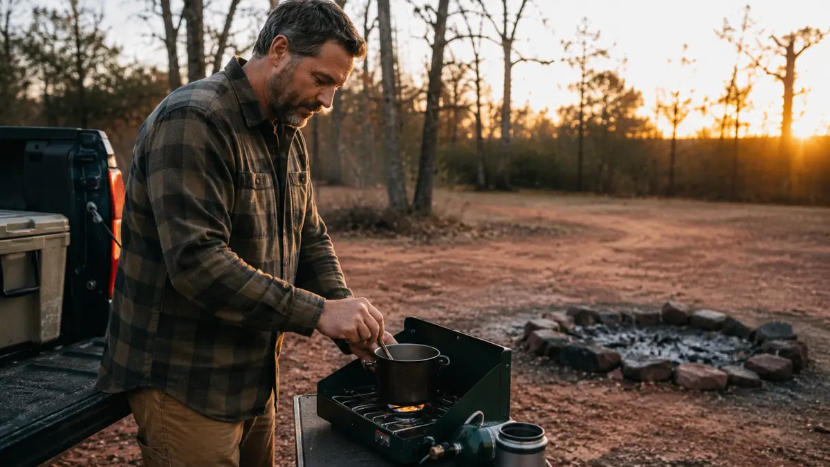 Portable camp stove burning steady on a tailgate at dawn while a dead campfire ring sits cold nearby