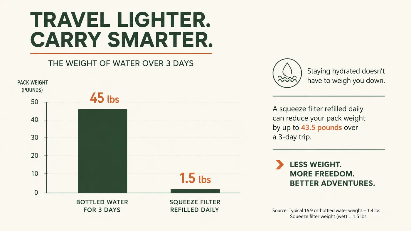 Chart comparing pack weight of carried bottled water versus a squeeze filter refilled from natural sources over a three-day trip