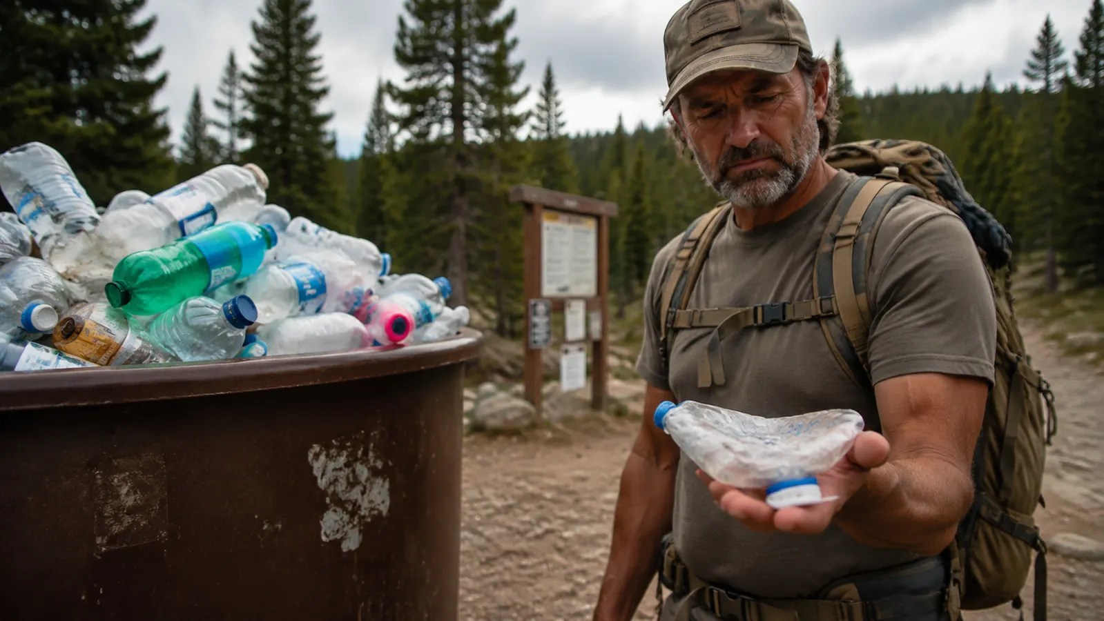 Empty plastic water bottles piled at a trailhead trash can next to a hiker's collapsed filter flask