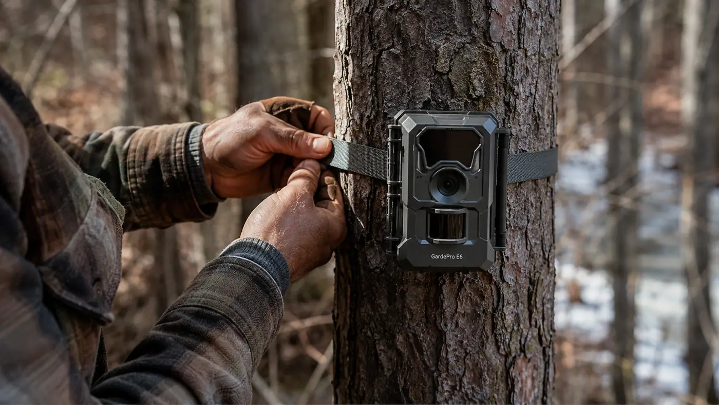 Hand mounting a GardePro E6 trail camera to a tree trunk with a ratchet strap