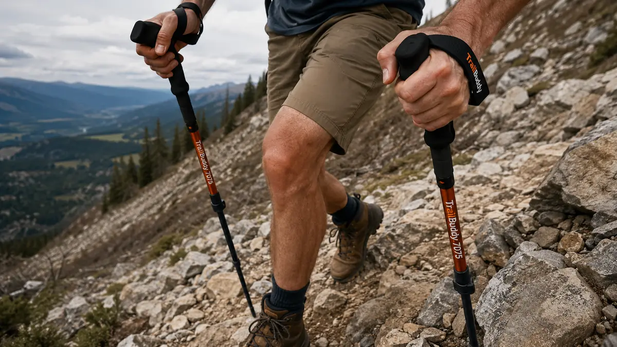 Hands gripping the foam handles of trekking poles while planting them on a steep downhill trail
