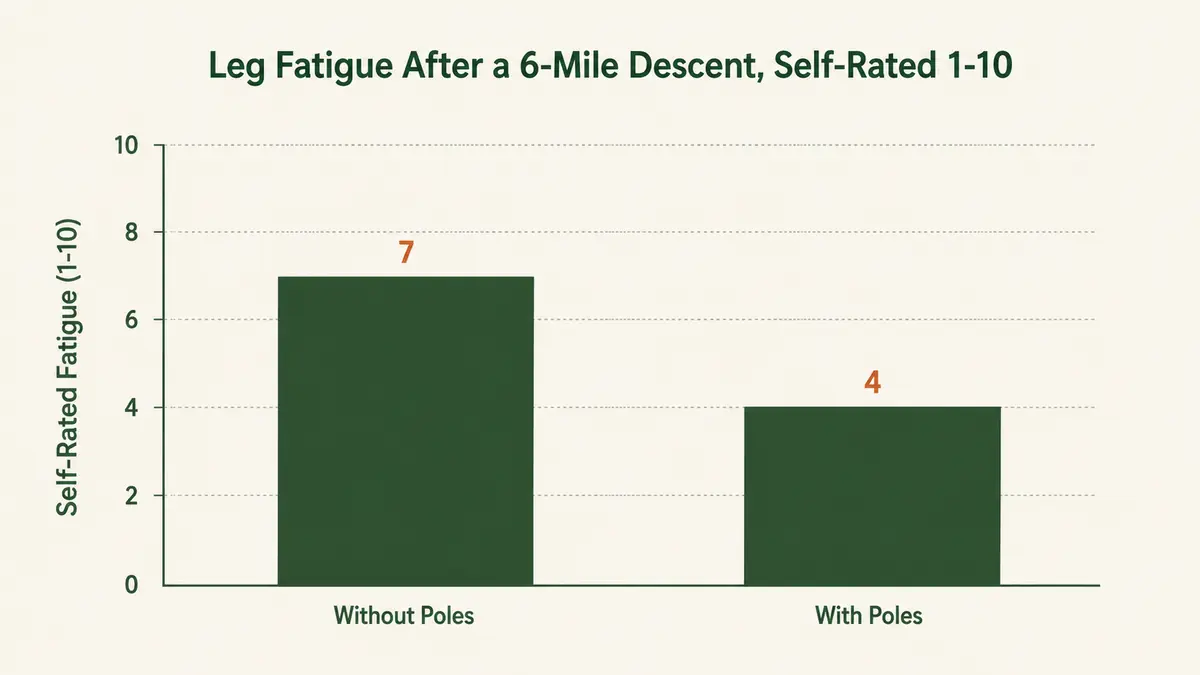 Chart comparing self-rated leg fatigue after a six-mile descent with and without trekking poles