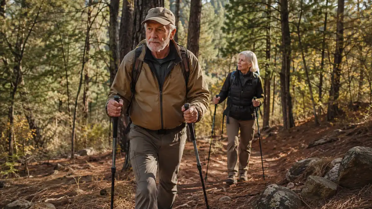 An older hiker using trekking poles to navigate a wooded trail with confidence