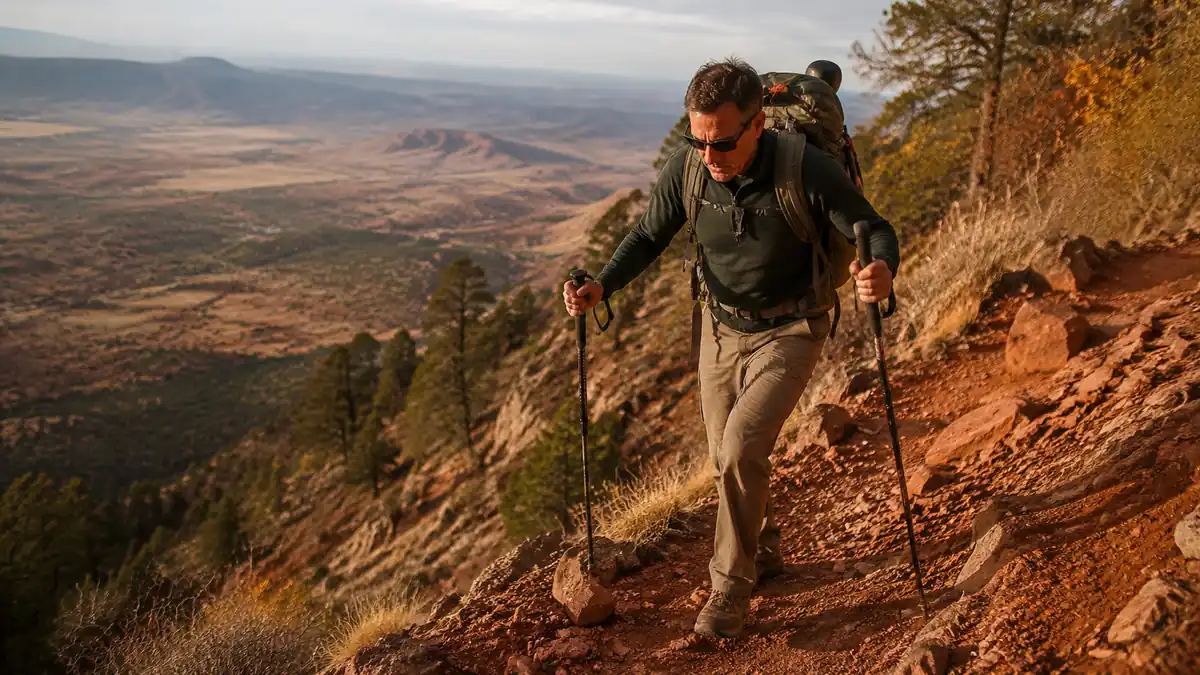 Hiker descending a steep rocky trail using trekking poles to take weight off his knees