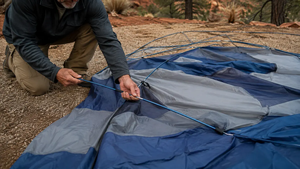 Hands assembling the pre-attached poles of a dome camping tent on a gravel campsite pad