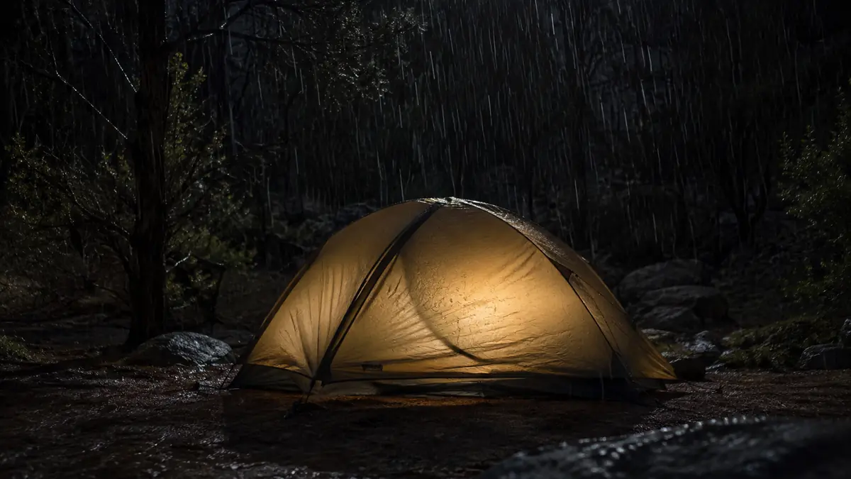 Dome tent glowing from a lantern inside during a heavy nighttime rainstorm