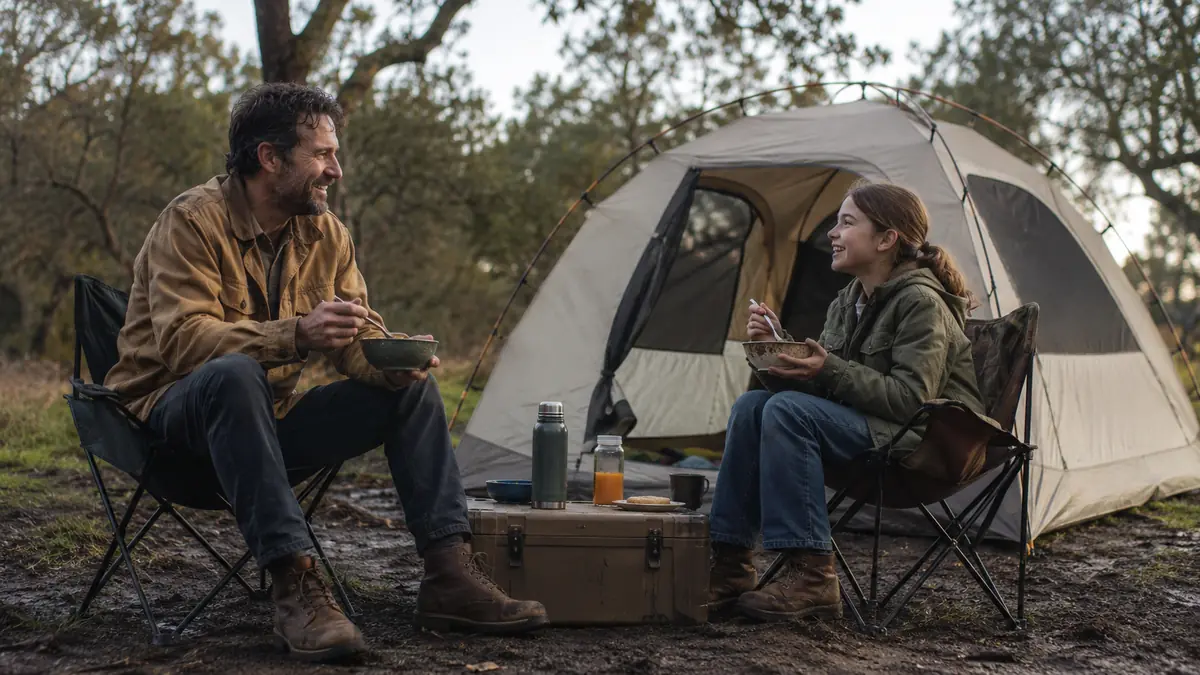 Father and daughter eating breakfast outside their tent the morning after a storm