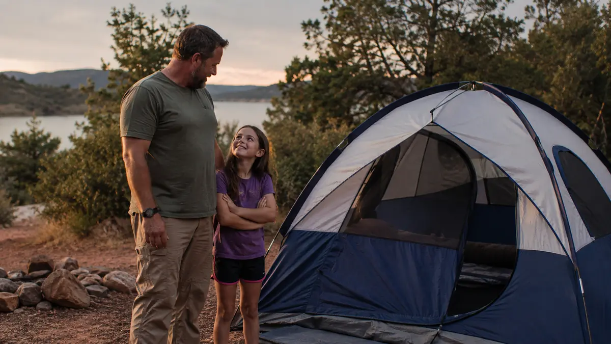 Father and young daughter setting up a dome tent at a lakeside campsite in the evening light