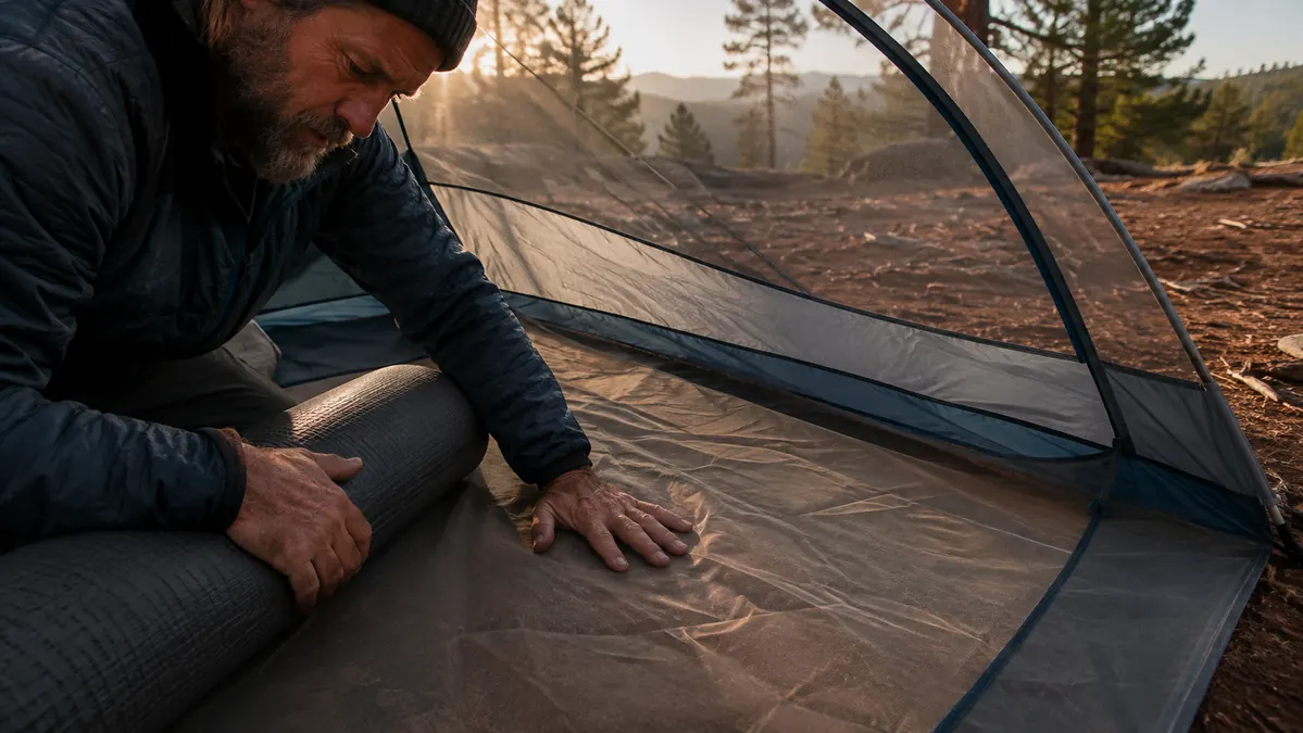 Hands pressing a palm flat against the tent floor near a sleeping bag showing how thin the floor material feels