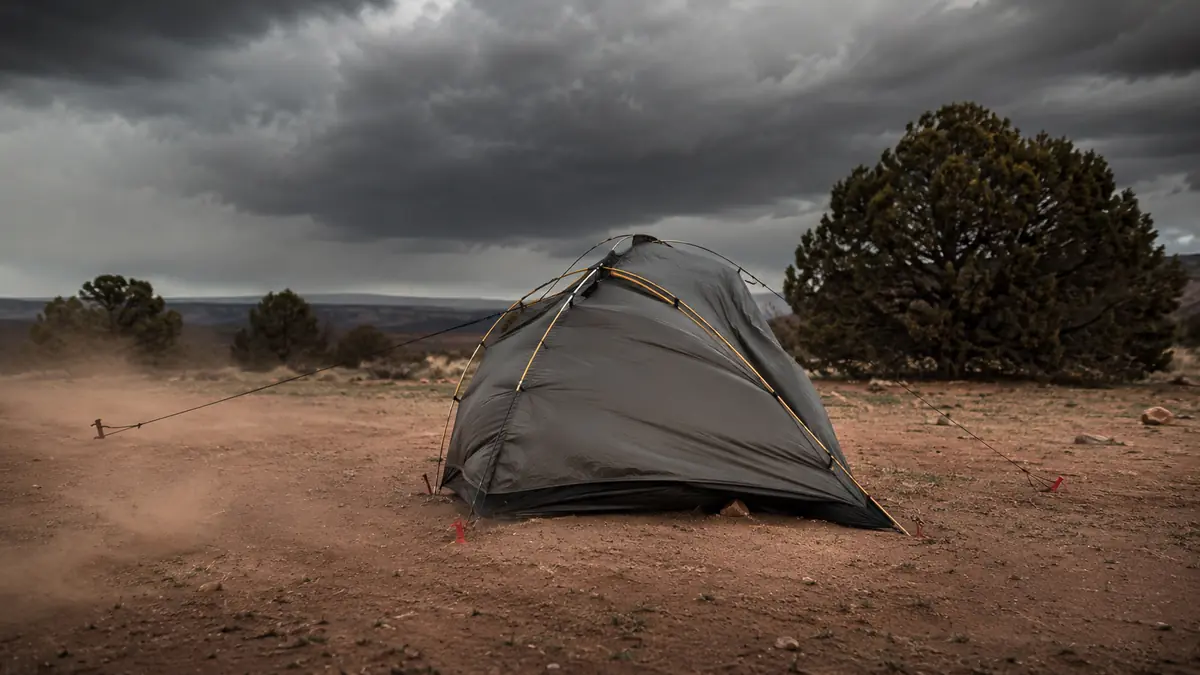Tent flexing and shuddering in a gust of wind with guylines pulled taut at a exposed campsite