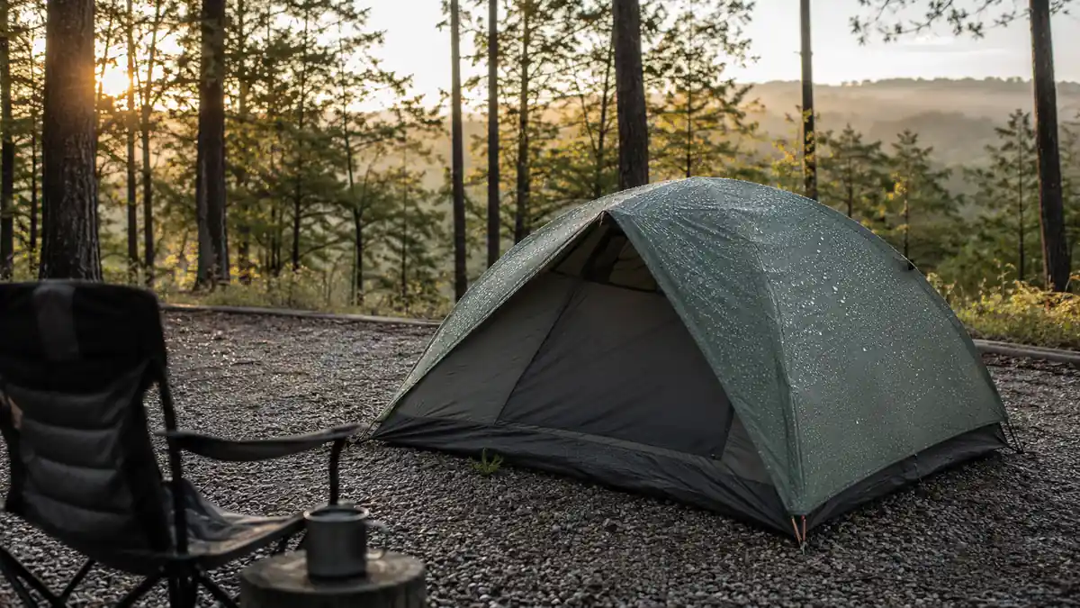 Dome tent with rainfly pitched at a lakeside campground at dawn, condensation beaded on the fly