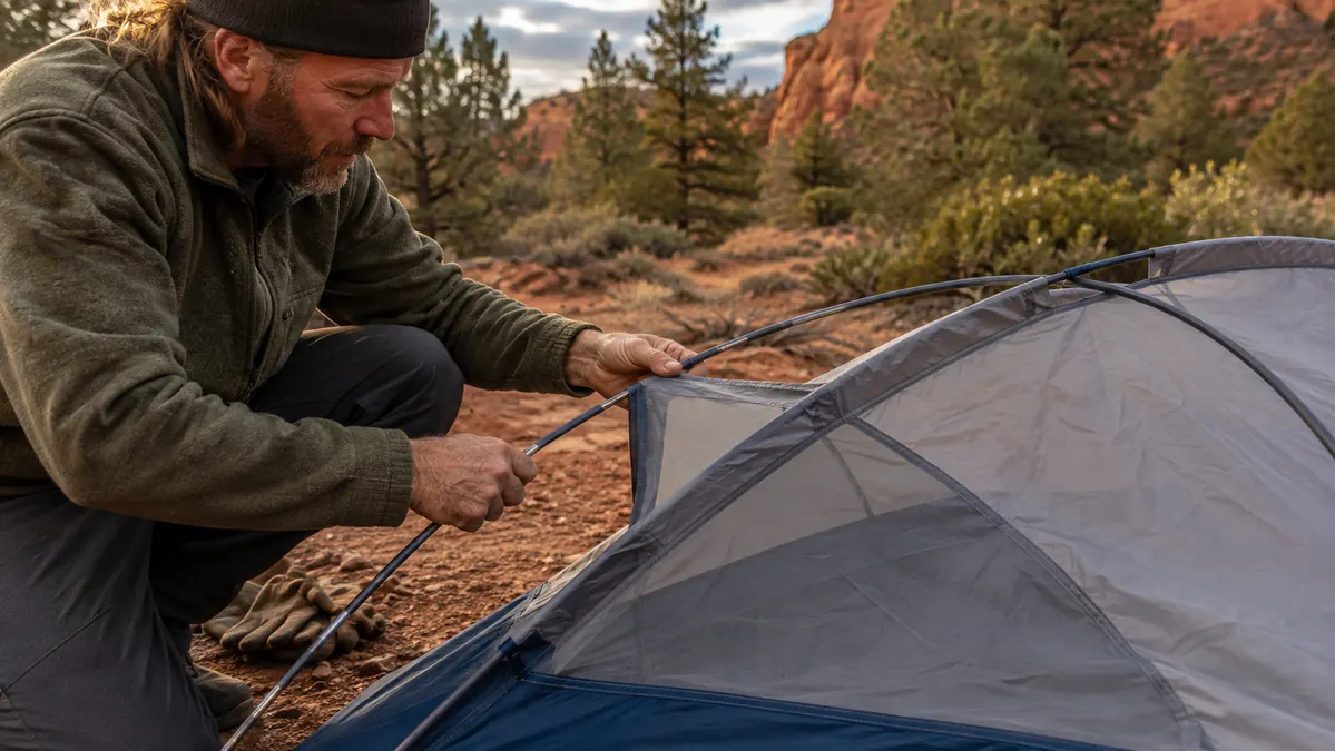 Weathered hands threading a fiberglass tent pole through a fabric sleeve during setup