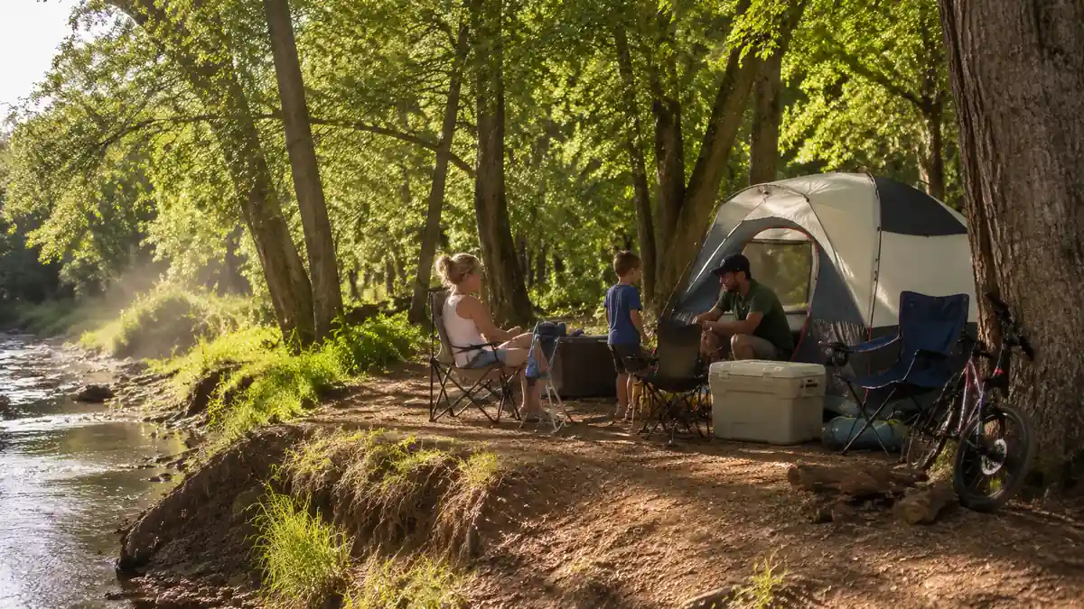 Family camp scene with dome tent, cooler, and folding chairs set up under trees near a creek