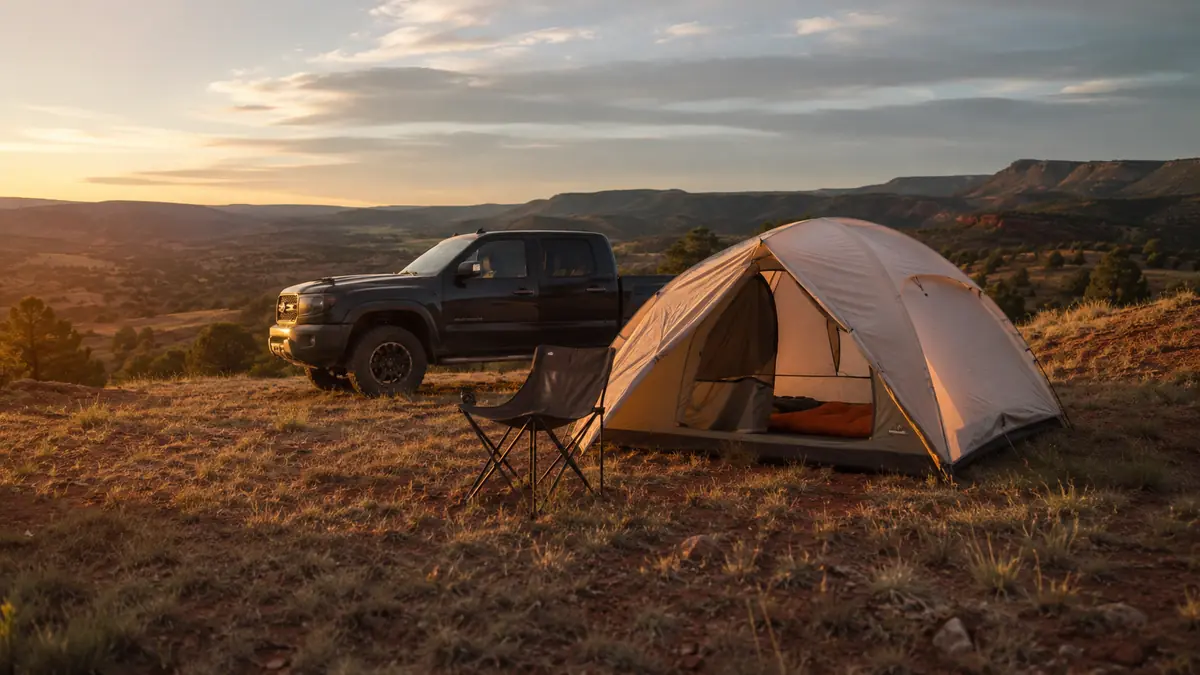 Green dome tent pitched on a grassy ridge campsite at dusk with rainfly attached