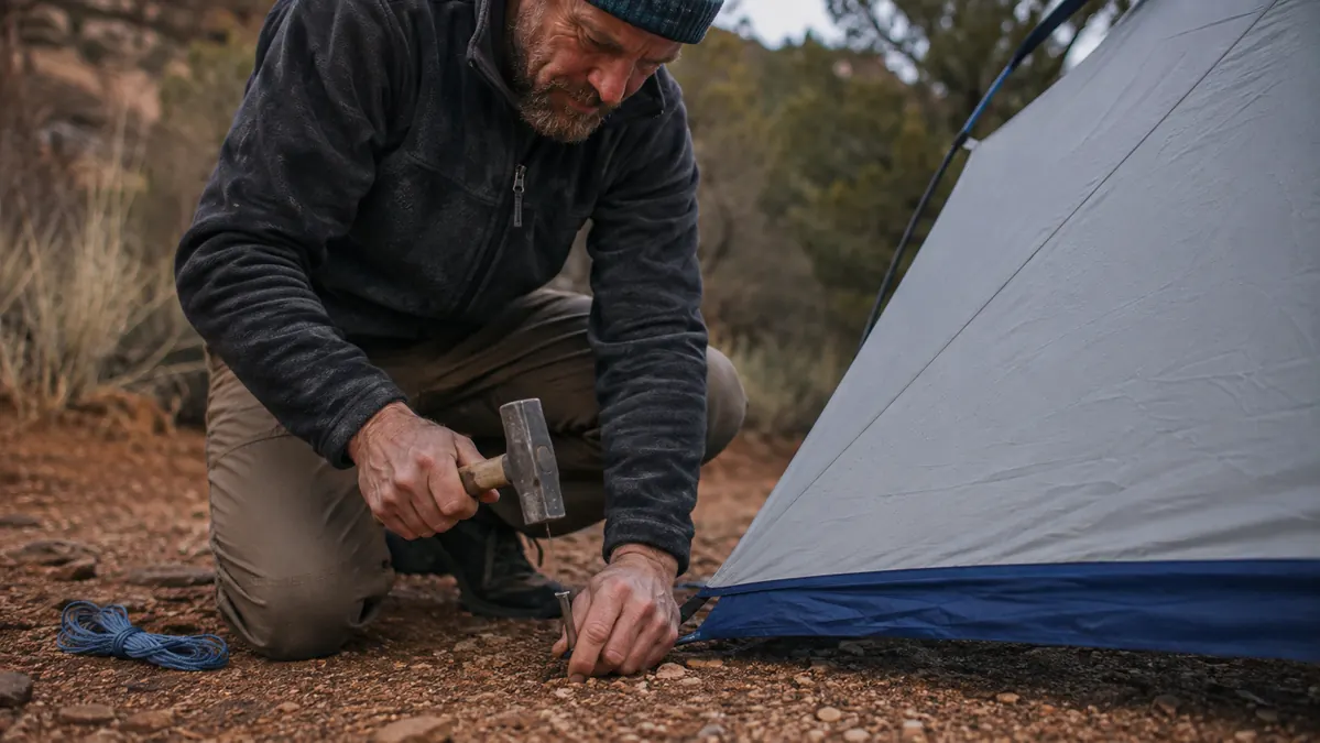 Hand staking down the corner of the Amazon Basics tent's rainfly next to a coiled guyline