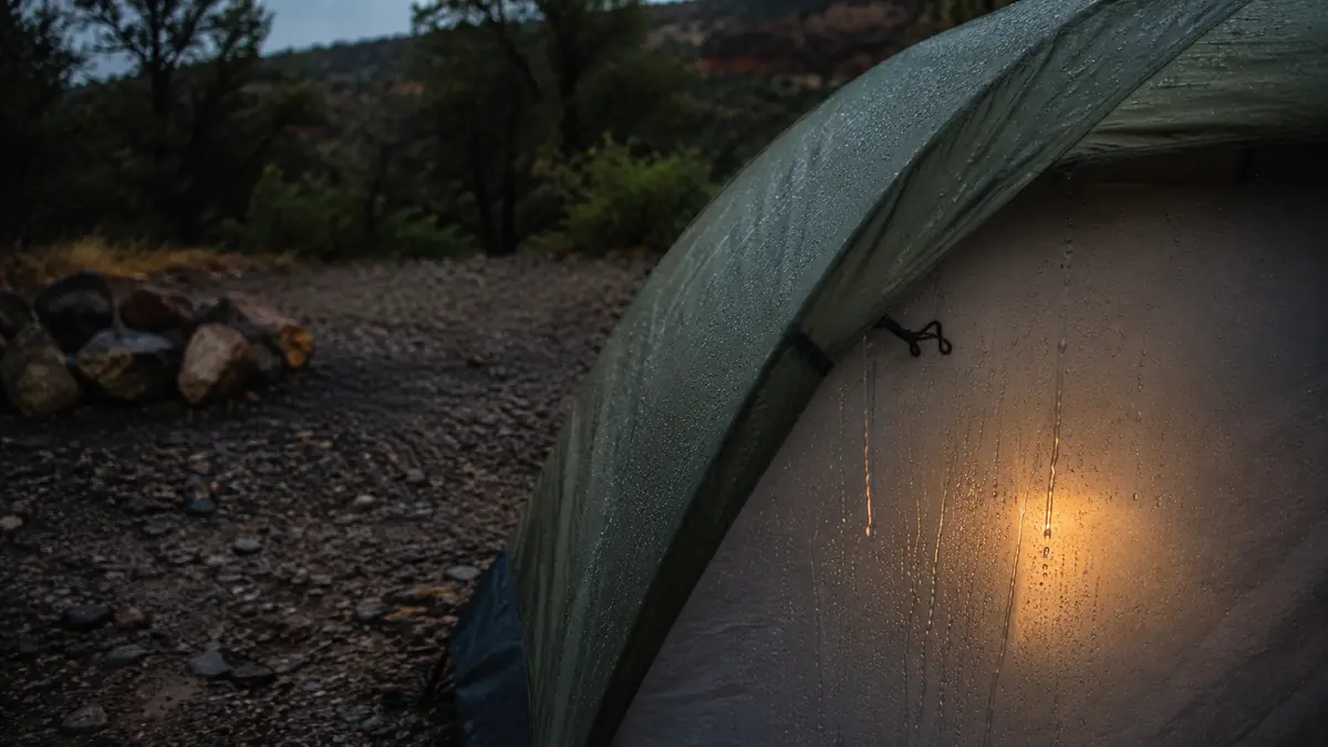 Rain running off the rainfly of a dome tent onto wet gravel at a campsite at dusk