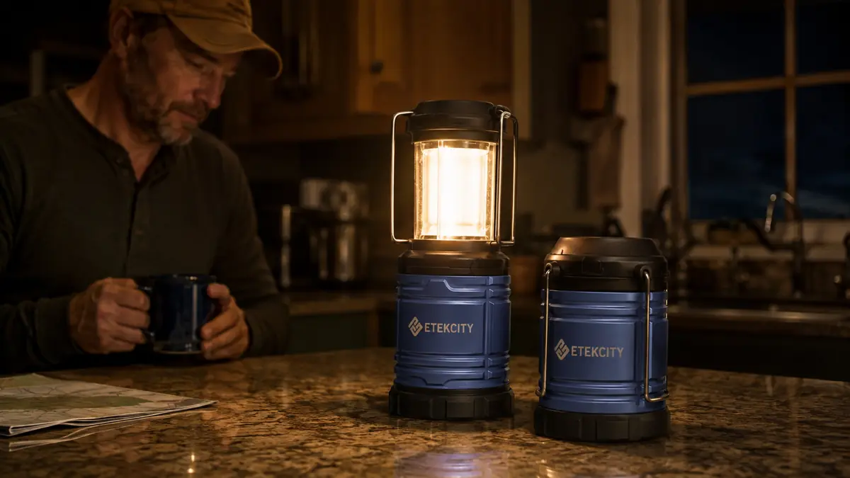 Two Etekcity collapsible LED lanterns set up on a kitchen counter, one glowing warm white