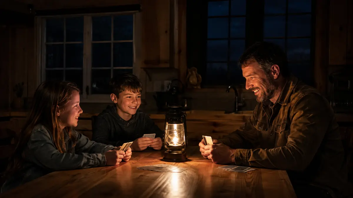Father and two kids playing cards at the kitchen table lit by a lantern