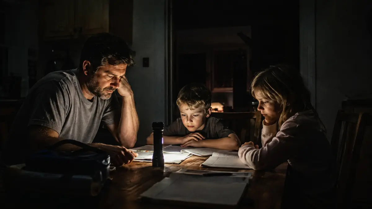 Family sitting around a kitchen table lit only by a single flashlight during a power outage