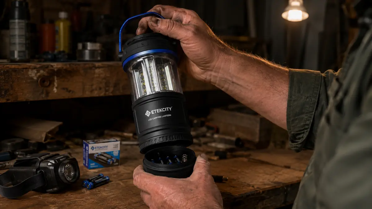 Close-up of hands twisting open the collapsible top of an Etekcity lantern to check the D-battery compartment