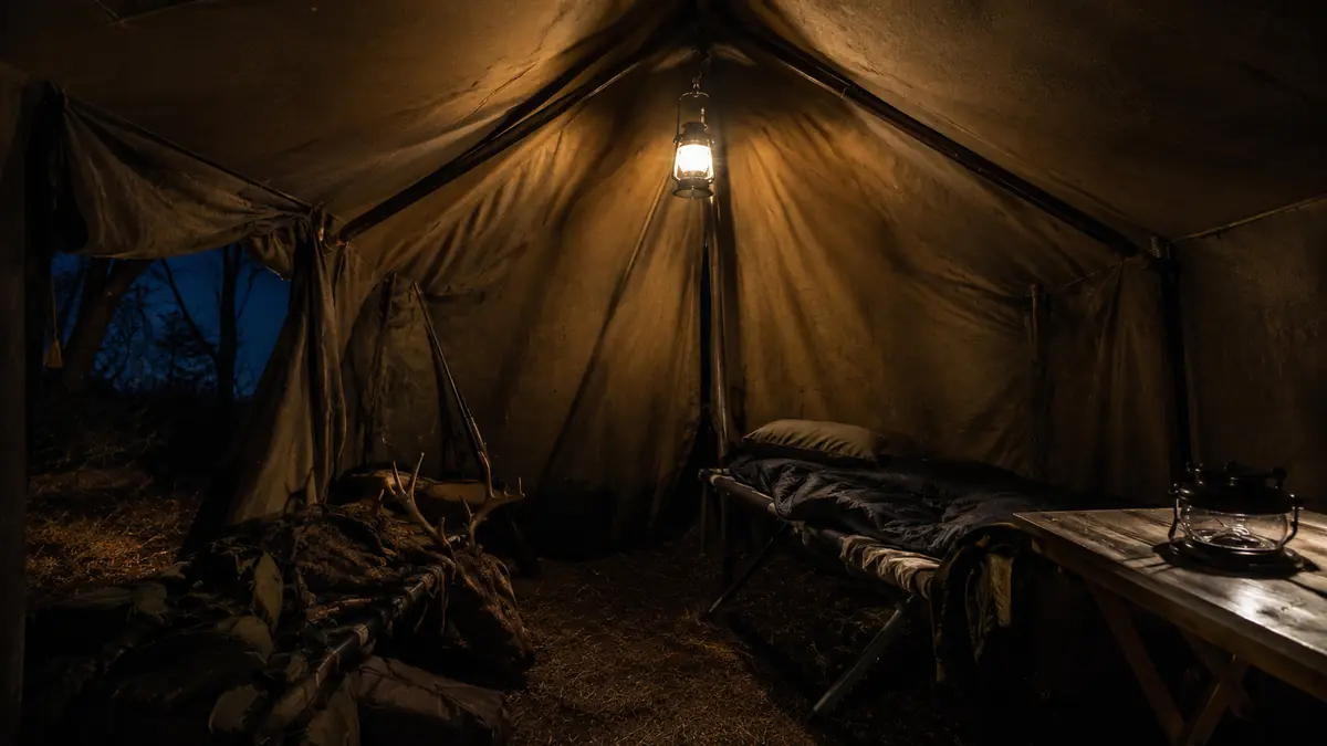 Two collapsible lanterns hanging inside a dark wall tent, one lit and one collapsed flat on a cot