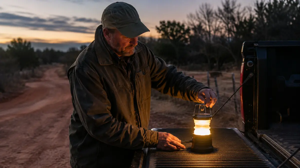 Man setting a collapsible LED lantern on a truck tailgate at dusk with a red dirt road behind him