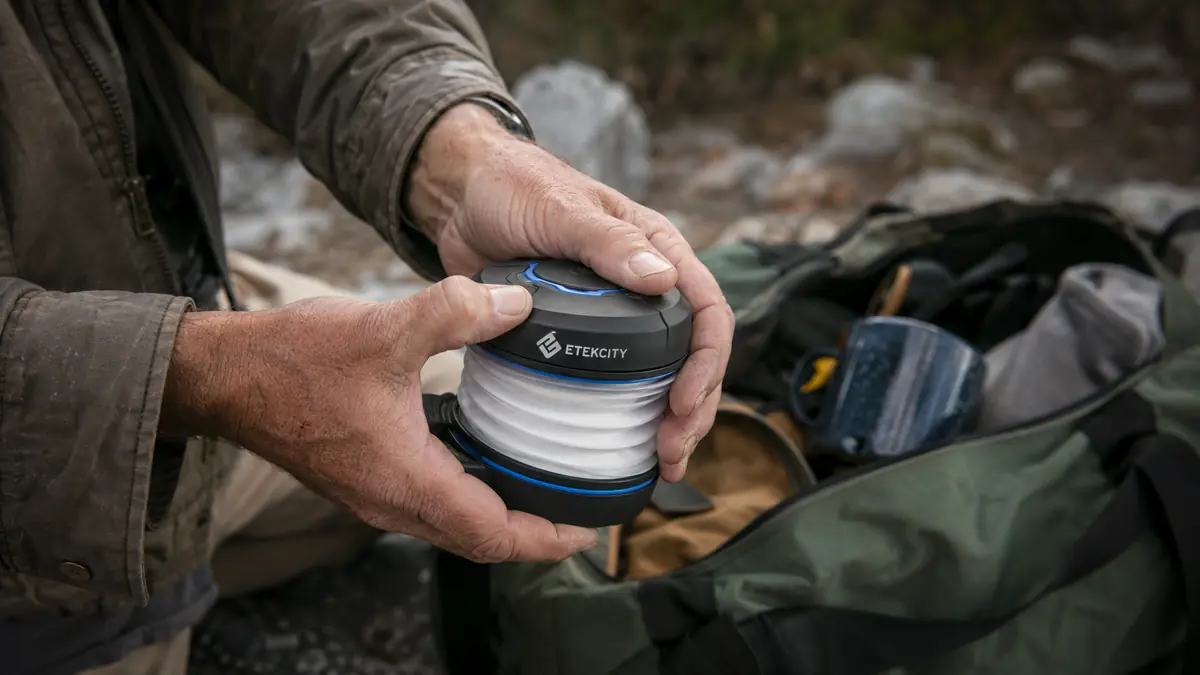 Hand collapsing an Etekcity LED lantern down flat for packing into a duffel bag