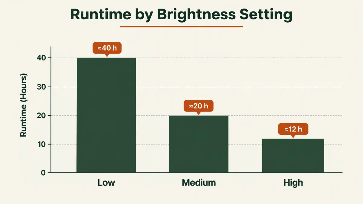 Simple bar chart comparing runtime in hours across the three brightness settings on low, medium, and high