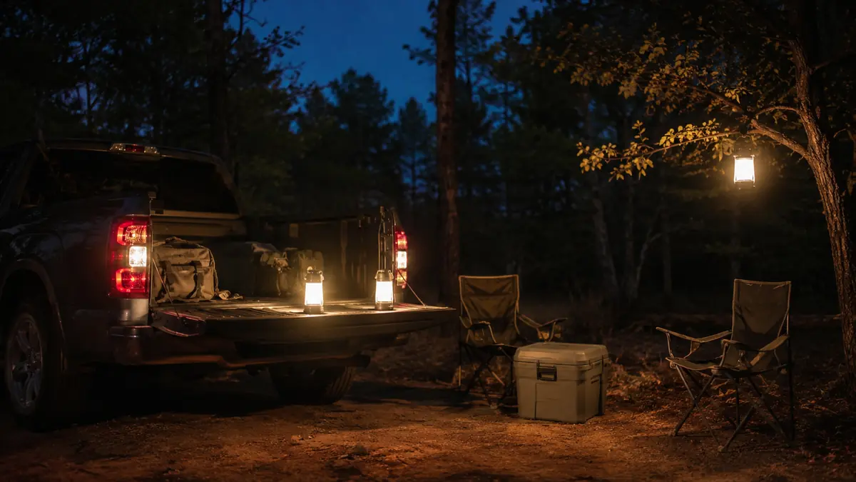 Two lanterns lighting a truck bed camp at night with a cooler and folding chairs nearby