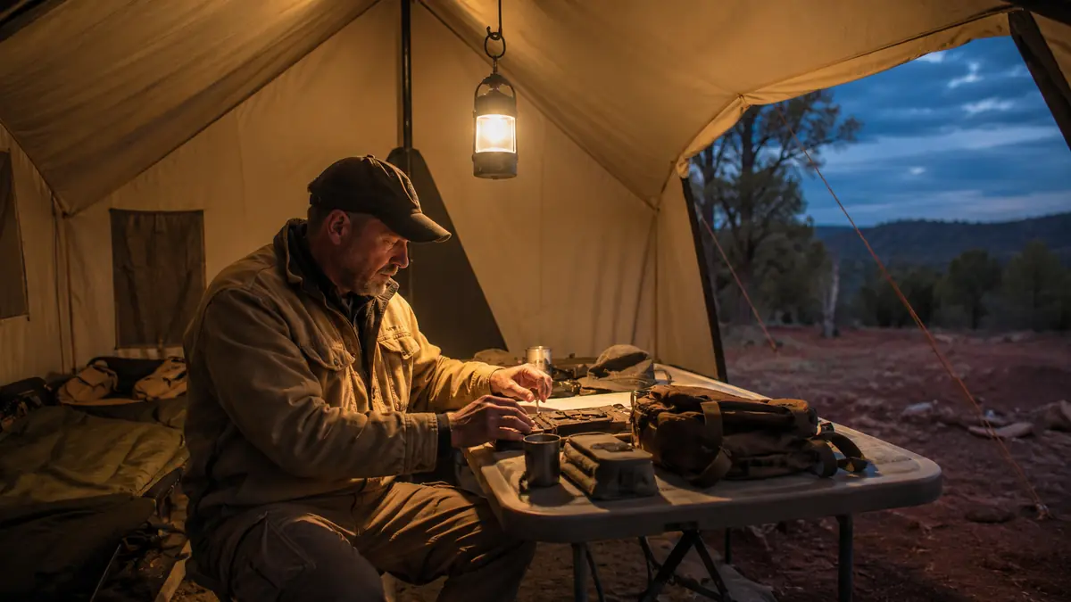 Collapsible LED lantern hanging from a wall tent ridge pole lighting a camp table below