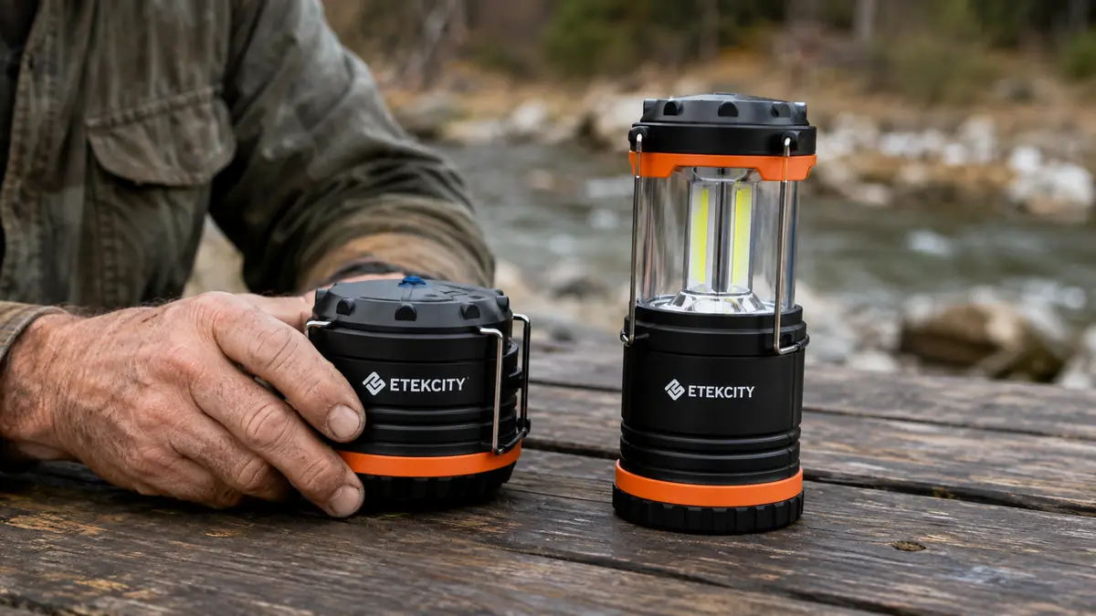 Hand holding an Etekcity lantern next to a Lepro lantern comparing their collapsible bodies