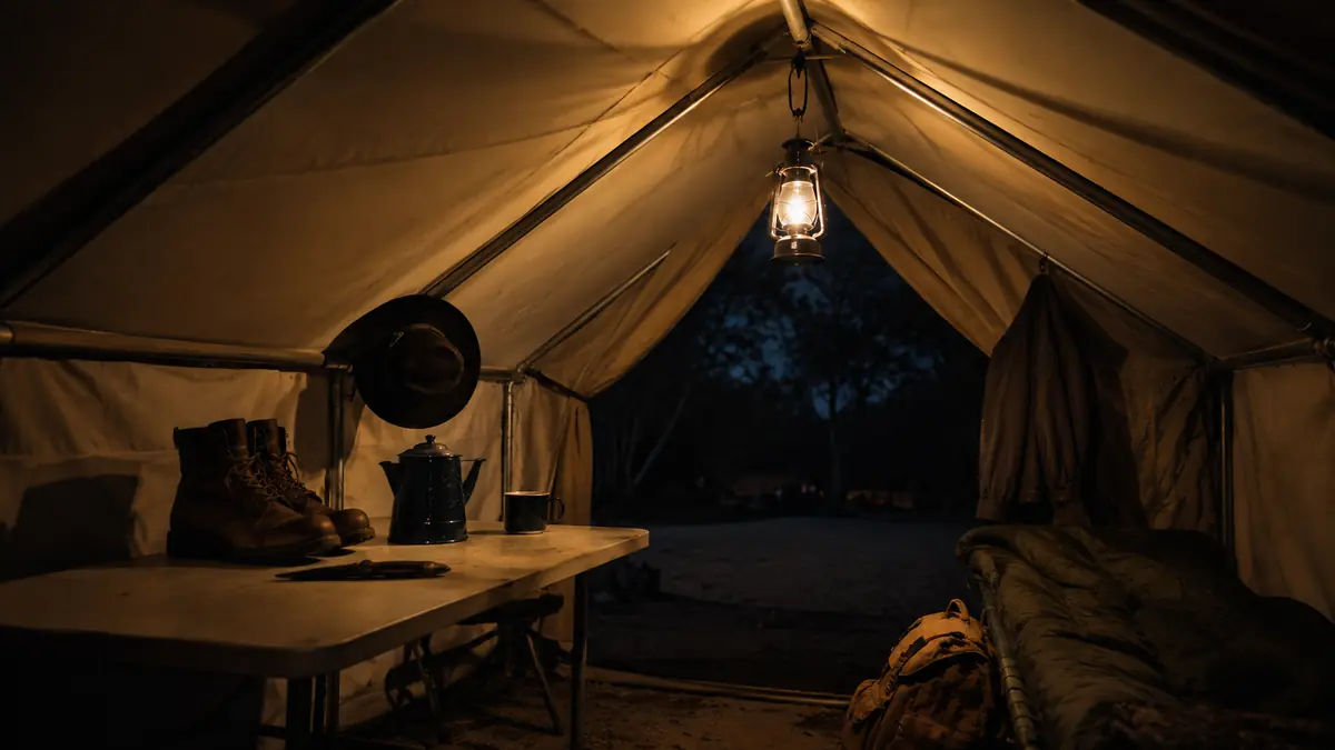 Wall tent interior lit by a single hanging lantern with gear laid out on a folding table