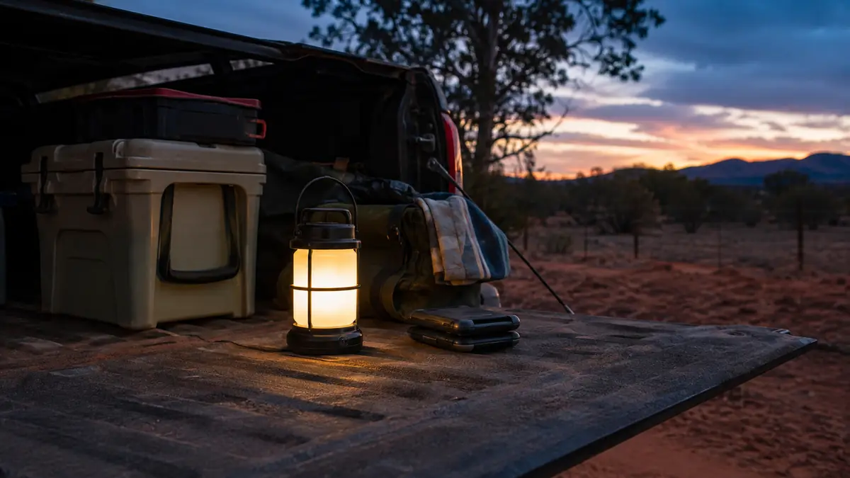 Two collapsible camping lanterns set side by side on a tailgate at dusk, one lit and one packed flat