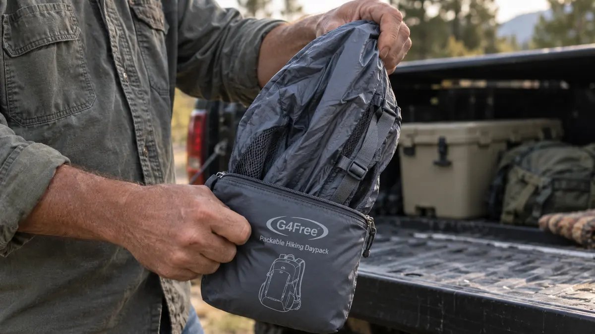 Hand unfolding a G4Free packable daypack from its small stuff pouch