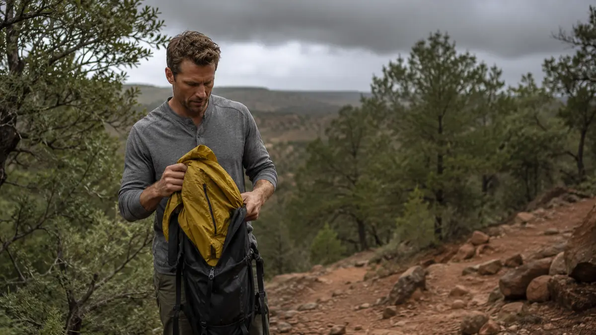 Hiker pulling a rain jacket out of a small daypack on a trail as clouds move in